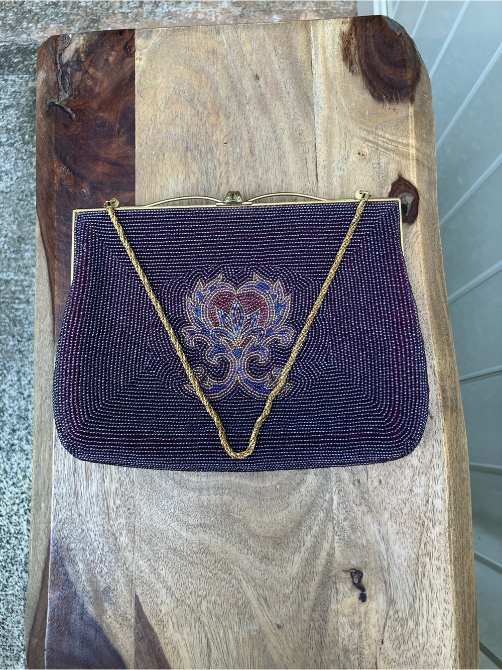 Beaded purple evening bag handbag formal gold chain clasp close vintage look - Picture 5 of 14